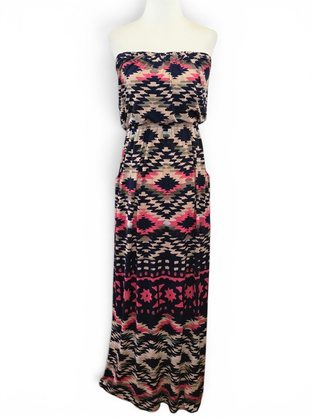 Three Pink Hearts Strapless Aztec Maxi Dress - Pink & Black